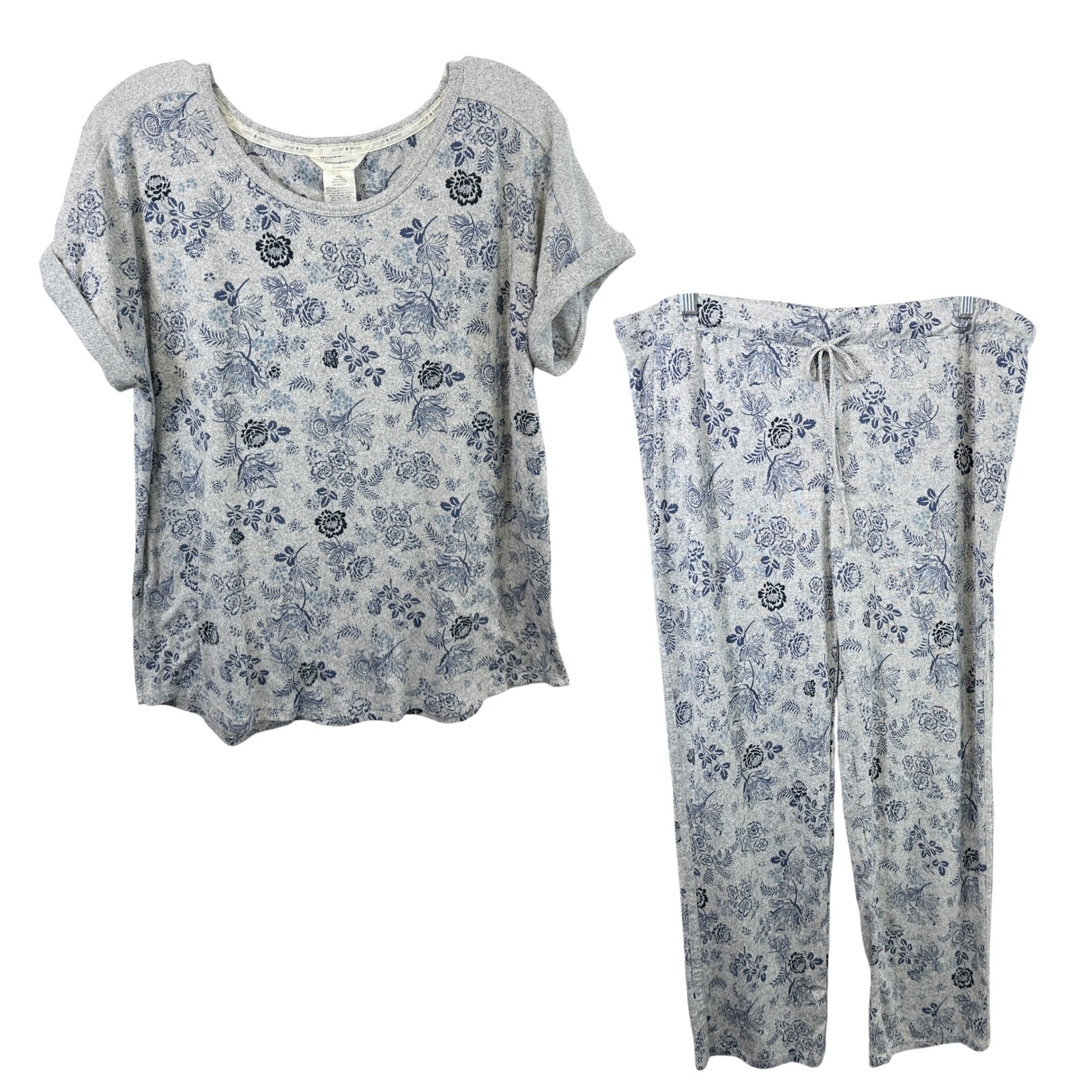 Lucky Brand Xl Pajama Set Gray Blue Floral Toile Short Sleeve Loungewear 727